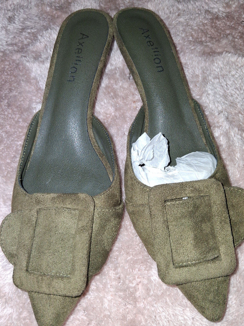 Olive Green Suede Pointed Buckle Mule
